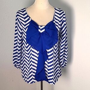 My Michelle Blue & White Chevron Blouse with Large Bow, Size Medium